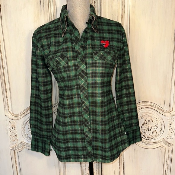 HELLZ A Crime For All Seasons 100% Green and Black Plaid Flannel Cotton Shirt - Picture 1 of 16